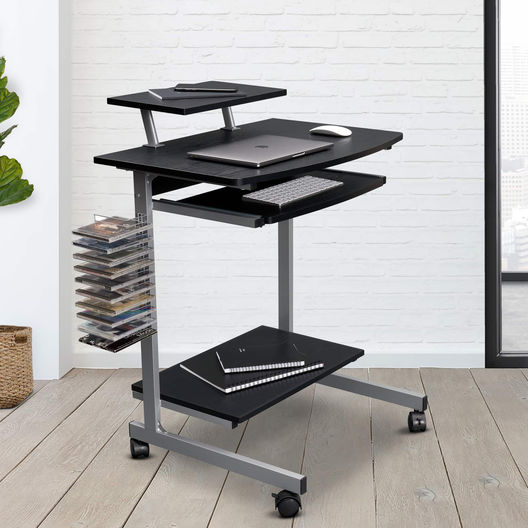 GOODSILO - Compact Mobile Computer Workstation Cart with Adjustable Shelves and Locking Casters - Espresso