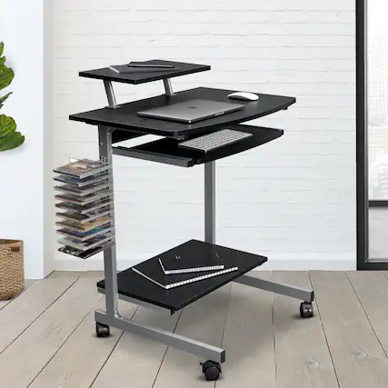 Front. GOODSILO - Compact Mobile Computer Workstation Cart with Adjustable Shelves and Locking Casters - Espresso.