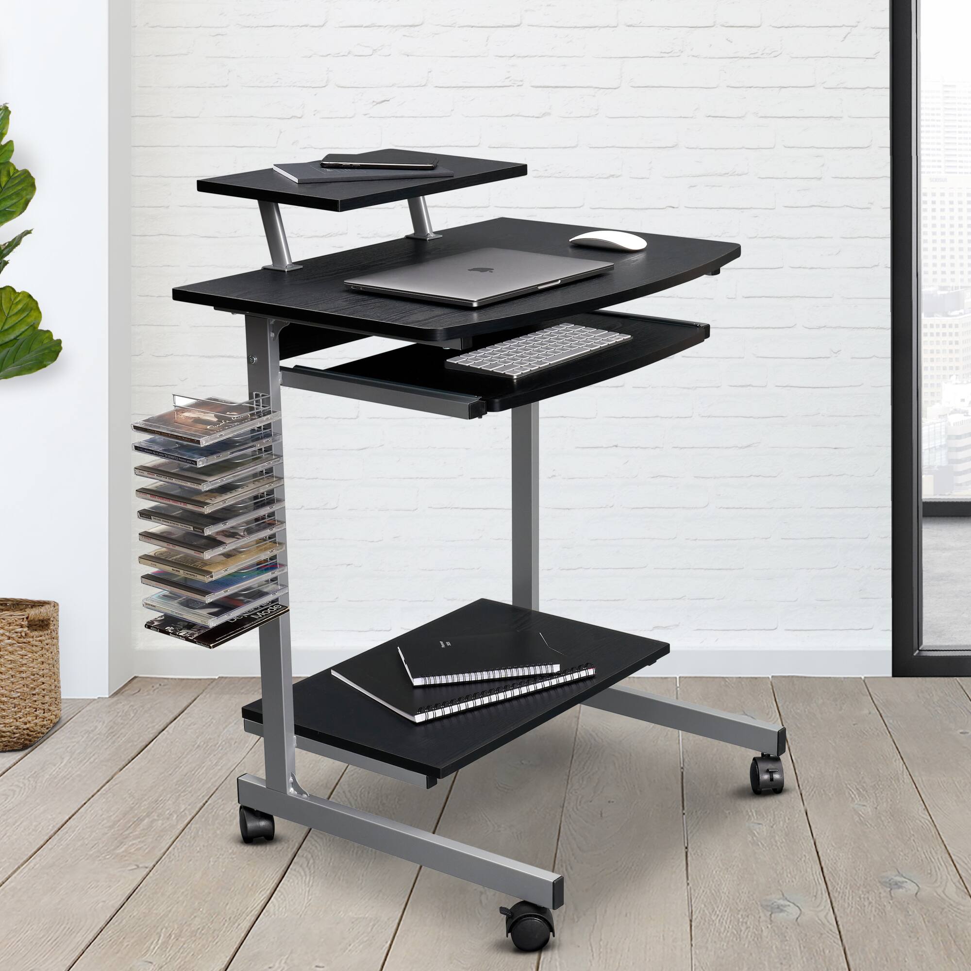 Front. GOODSILO - Compact Mobile Computer Workstation Cart with Adjustable Shelves and Locking Casters - Espresso.