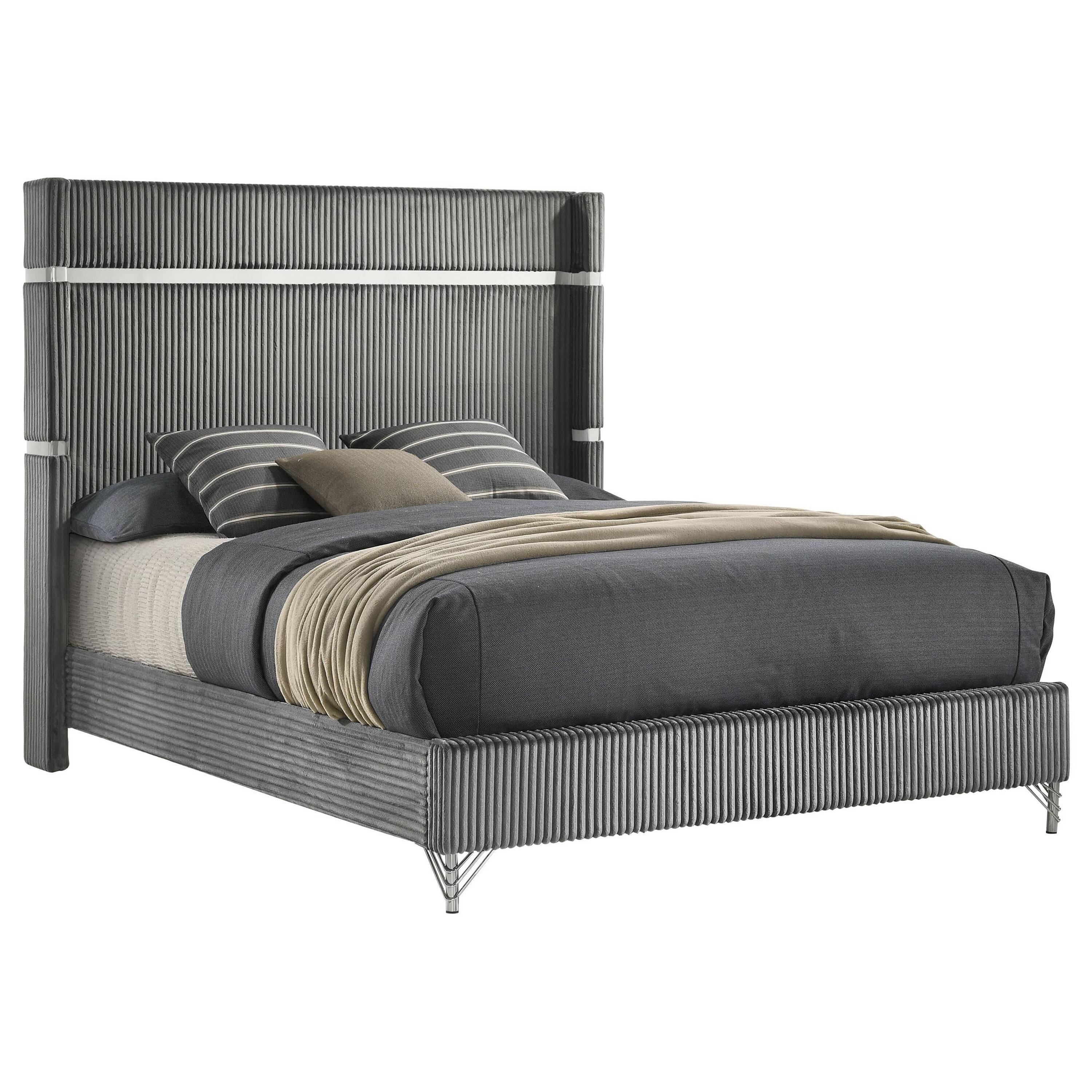 Alt View 1. Manhattan Lane - Jenny Queen Size Bed, Wingback Fluted Upholstered Headboard - Gray, Chrome.