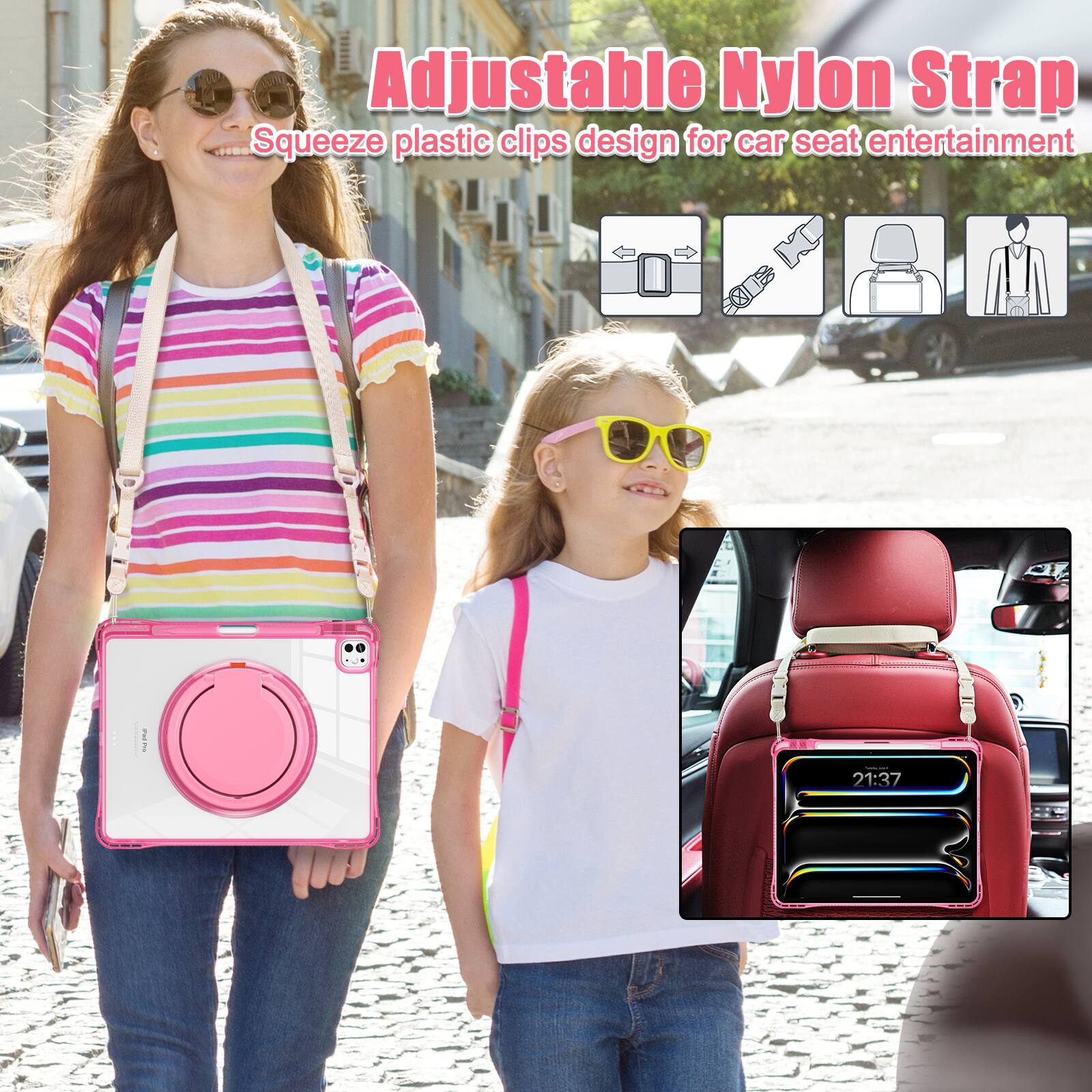 Adjustable Nylon Strap  
Squeeze plastic clips design for car seat entertainment