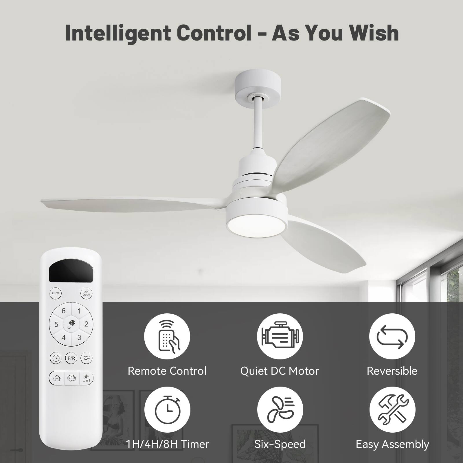 Intelligent Control - As You Wish

- Remote Control
- Quiet DC Motor
- Reversible
- 1H/4H/8H Timer
- Six-Speed
- Easy Assembly