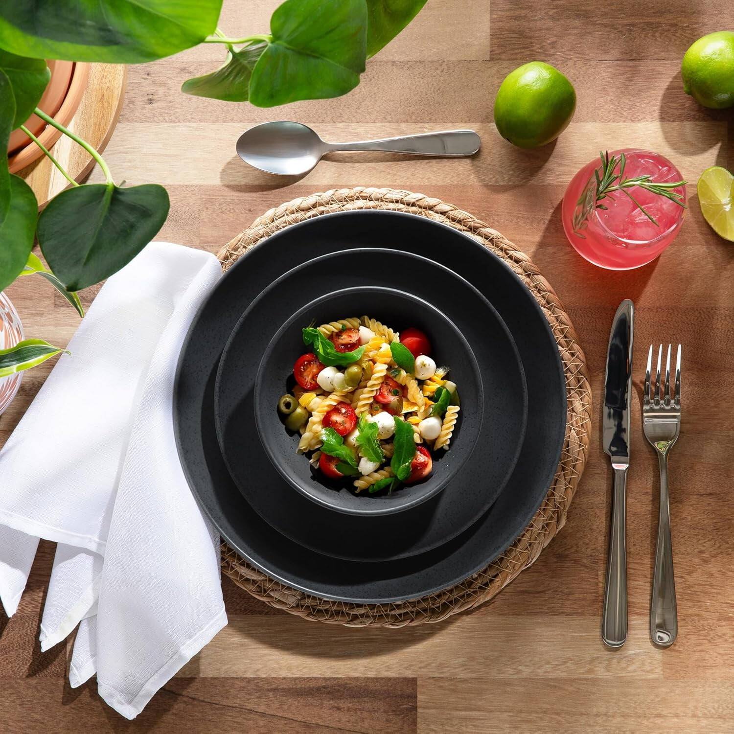 Alt View 4. Larder & Vine - 12-Piece Casa Modern Dinnerware Set for 4, Made from 100% BPA-Free Melamine - Black Stone.
