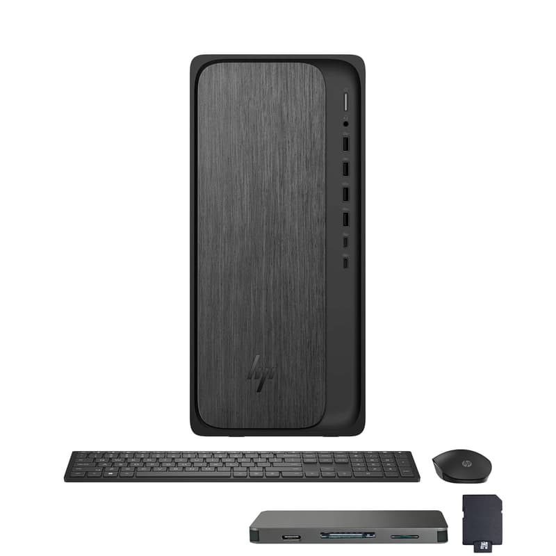 Front. HP - HP OmniDesk Desktop, Ryzen 7 8700G, Radeon 780M, 64GB RAM, 2TB SSD+1TB Dock Set, Keyboard & Mouse, Win 11, Black - Black.
