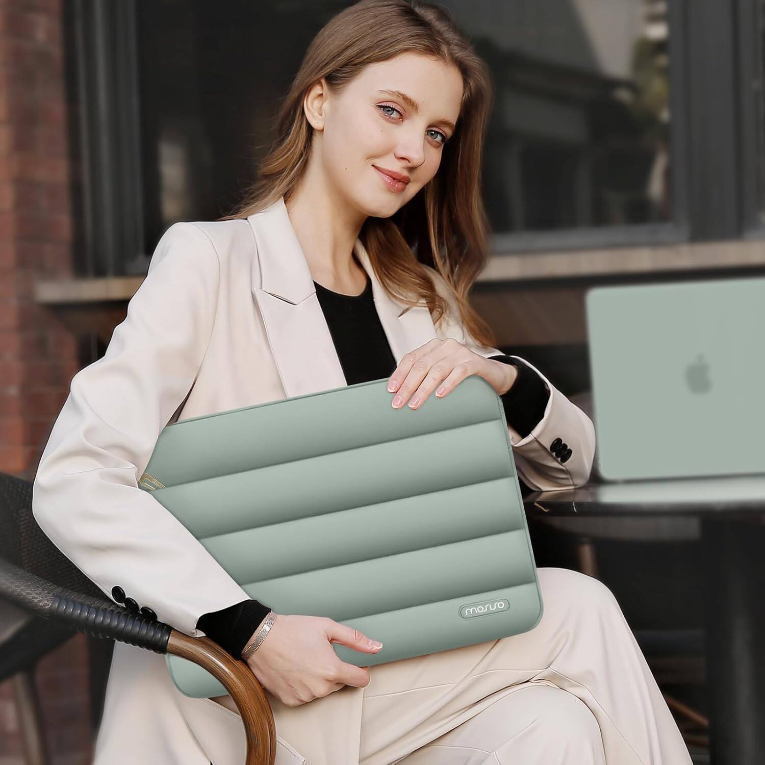 Alt View 2. mosiso - Puffy Laptop Sleeve 15-15.6 inch for MacBook Pro 16, HP Dell ASUS Acer Toshiba Lenovo Notebook - Antique Green.