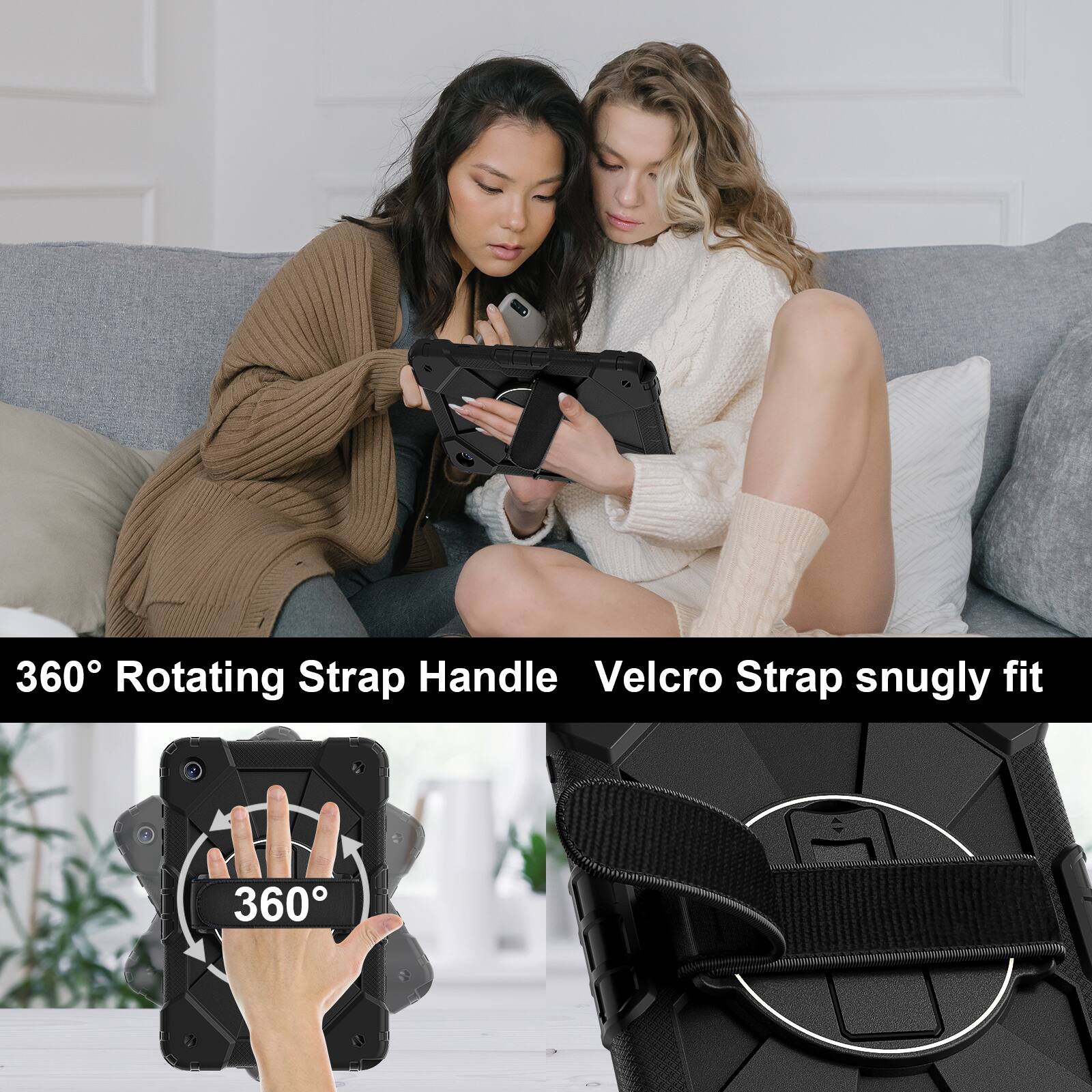 360° Rotating Strap Handle Velcro Strap snugly fit
