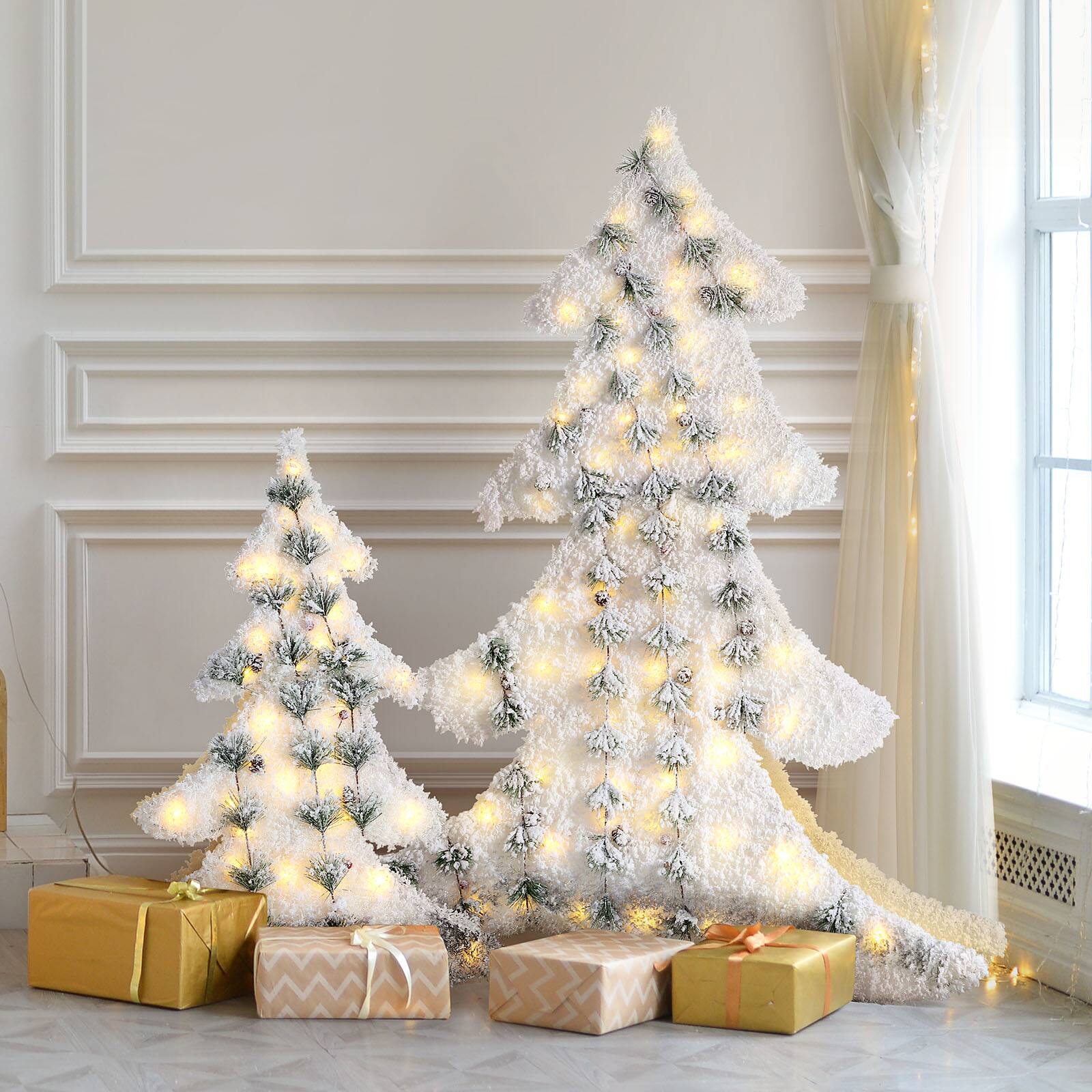 Angle. Oumilen - Pre‑Lit Flocked Christmas Tree Yard Decor – 47.2in Lighted Snow‑Flocked Xmas Tree with Warm LED for Indoor Outdoor.