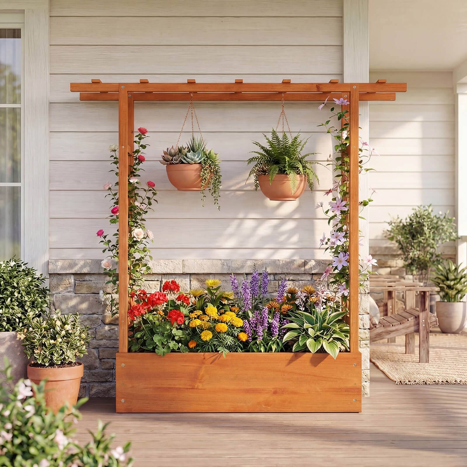 Alt View 3. Costway - Costway 1 PCS Wooden Raised Garden Bed with Trellis & Hanging Roof, Drainage Holes for Plants - Orange.
