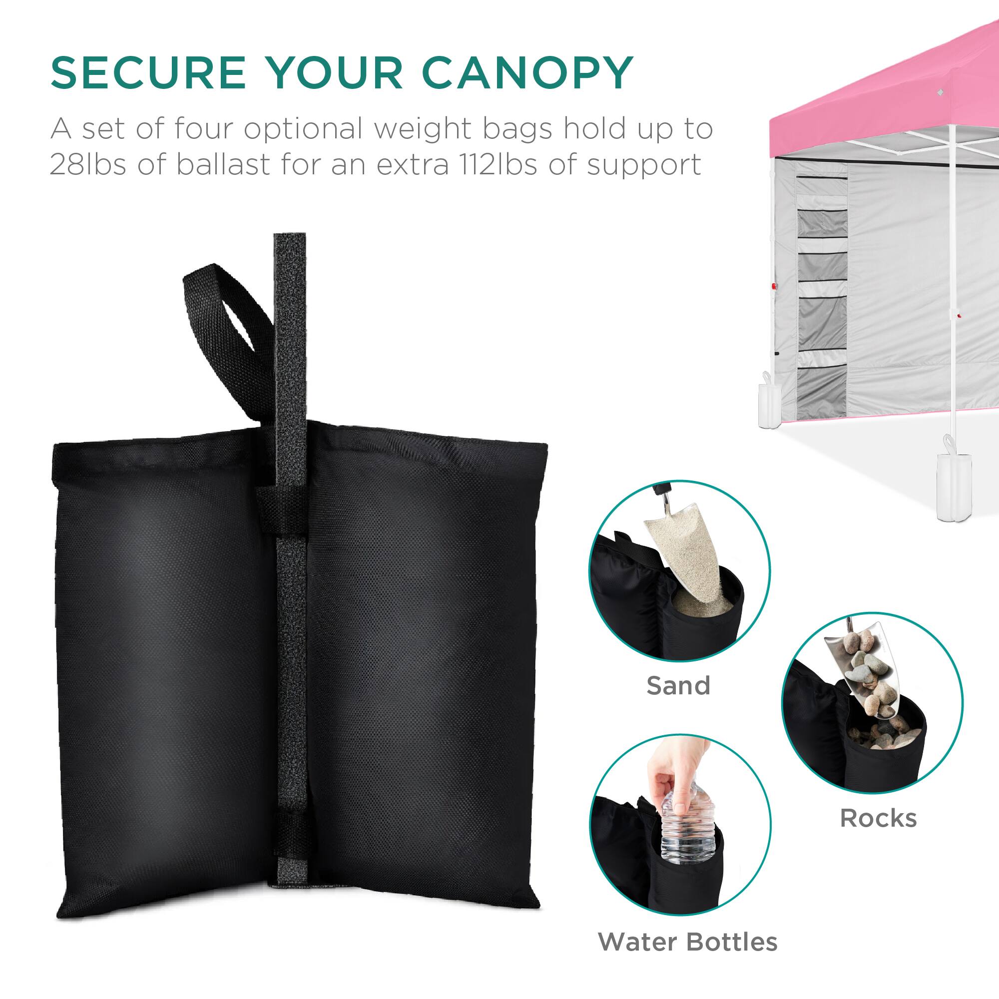 SECURE YOUR CANOPY

A set of four optional weight bags hold up to 28lbs of ballast for an extra 112lbs of support

Sand  
Rocks  
Water Bottles