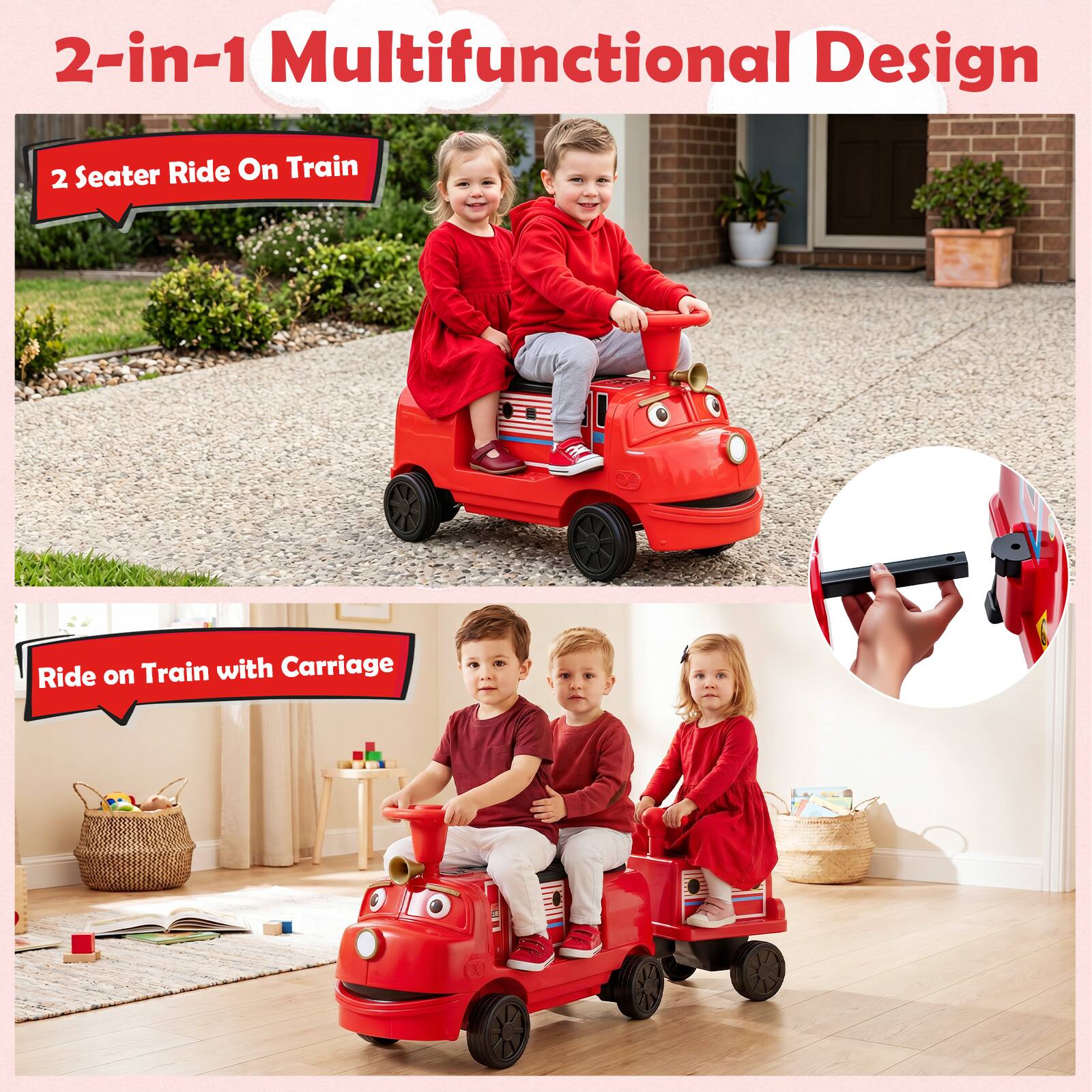 2-in-1 Multifunctional Design  
2 Seater Ride On Train  
Ride on Train with Carriage