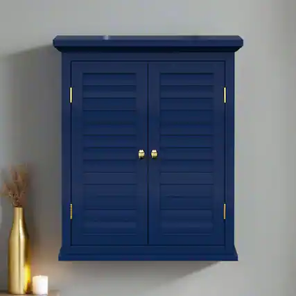 Front. Teamson Home - Teamson Home Glancy Two-Door Faux Louvered Removable Wall Cabinet, Navy - Blue.