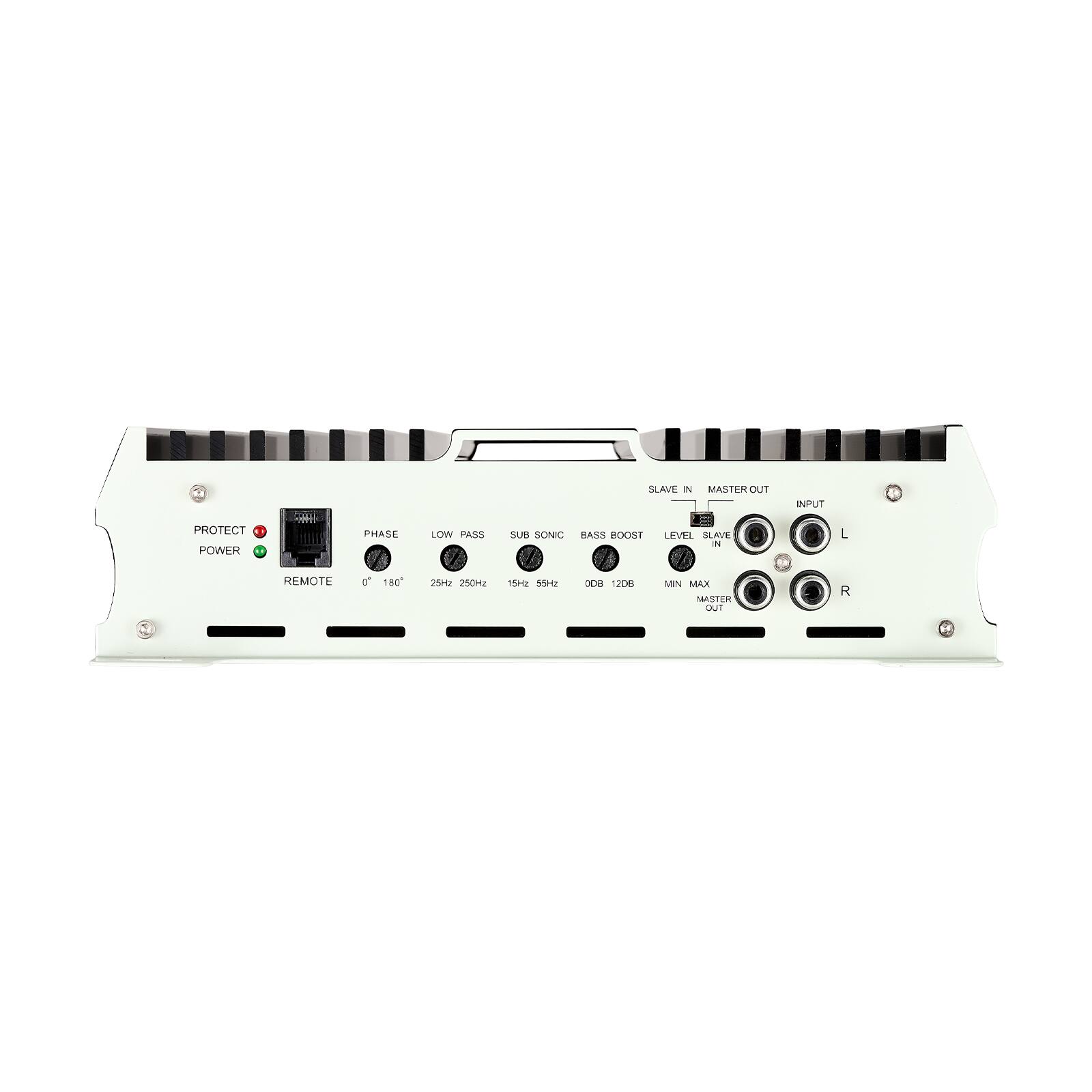 SLAVE IN  
MASTER OUT  
INPUT  
PROTECT  
POWER  
PHASE  
LOW PASS  
SUB SONIC  
BASS BOOST  
LEVEL SLAVE  
REMOTE  
0° 180°  
25Hz 250Hz  
15Hz 55Hz  
008 1206  
MIN MAX  
MASTER OUT