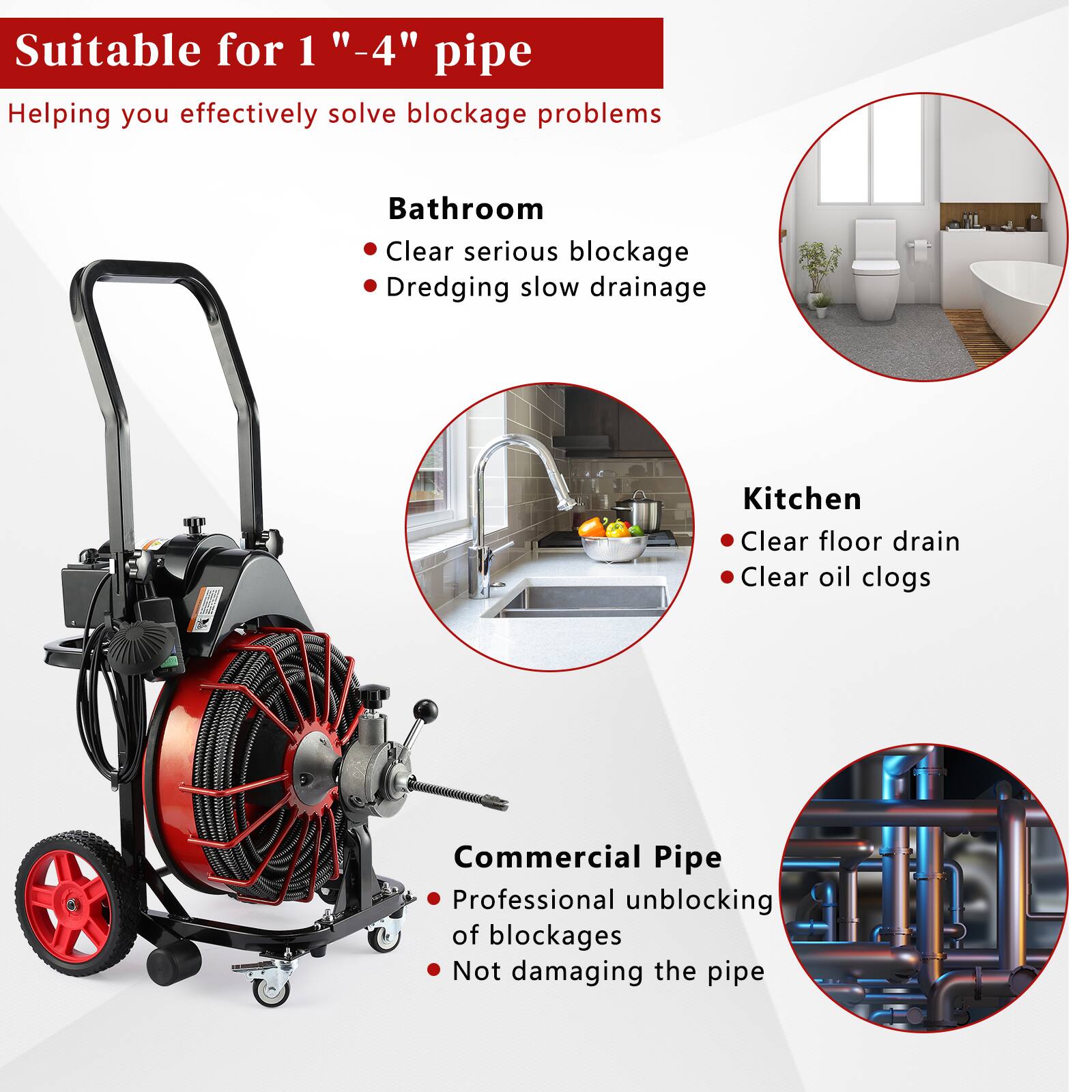 Suitable for 1" - 4" pipe  
Helping you effectively solve blockage problems  

Bathroom  
- Clear serious blockage  
- Dredging slow drainage  

Kitchen  
- Clear floor drain  
- Clear oil clogs  

Commercial Pipe  
- Professional unblocking of blockages  
- Not damaging the pipe