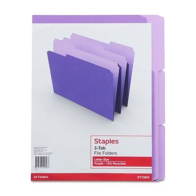 Staples  
3-Tab File Folders  
Letter Size  
Purple - 10% Recycled  
24 Folders  
ST13845