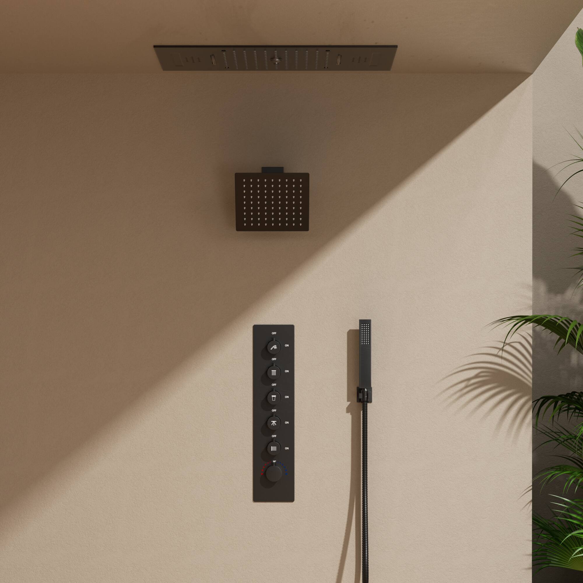 Angle. GRANDJOY - Luxury LED Music Smart Shower System with Thermostatic Control and 5-Function Rainfall Waterfall Mist - Matte Black.