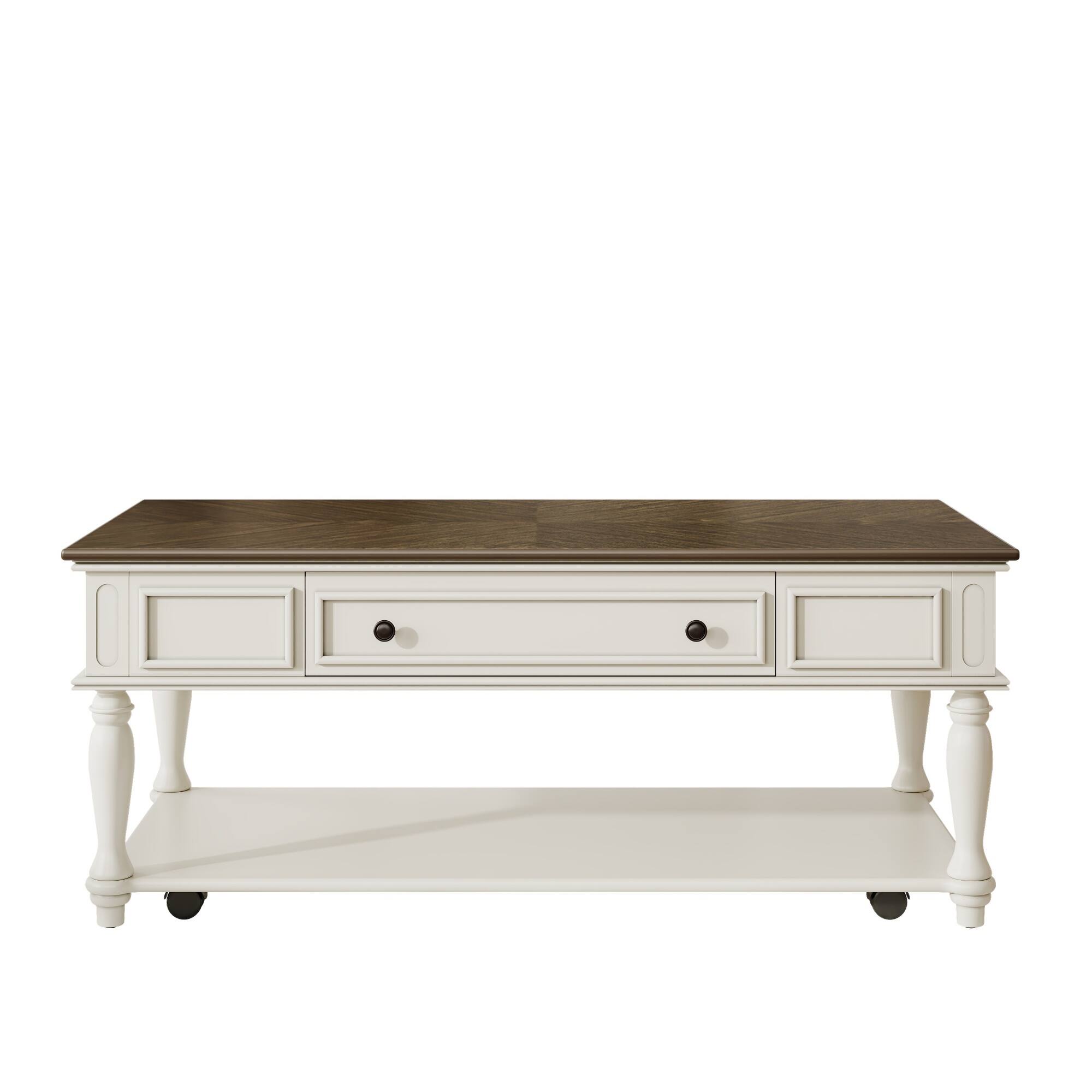 Alt View 4. Tiramisubest - Farmhouse Coffee Table with One Drawer,Retro Movable Rectangular Center Table with Lockable Wheels,Grey+White - Grey+White.