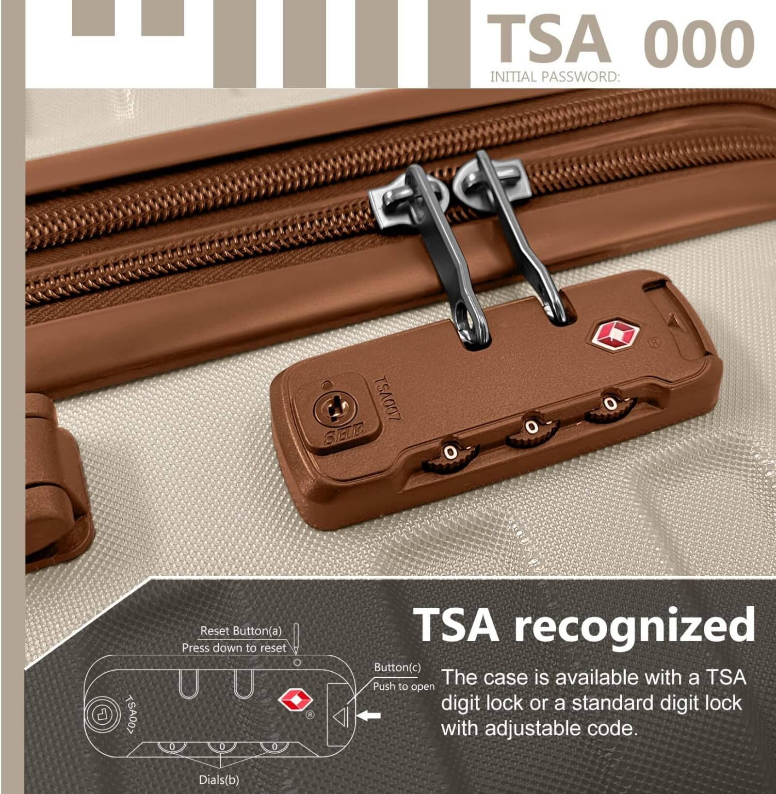 TSA 000  
INITIAL PASSWORD: TSA007  

TSA recognized  
The case is available with a TSA Push to open digit lock or a standard digit lock with adjustable code.  

(a) Reset Button  
Press down to reset  

(b) Dials  

(c) Button  
Push to open