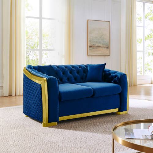 Alt View 1. Anysun - 2-Seater Velvet Split Sofa with Gold Stainless Steel - Light Luxury Minimalist Design, Includes 2 Pillows - Blue.