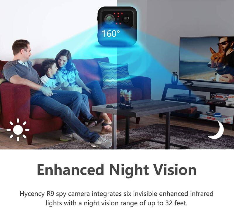 160° Quickde Qvrlo md5 Enhanced Night Vision  
Hycency R9 spy camera integrates six invisible enhanced infrared lights with a night vision range of up to 32 feet.