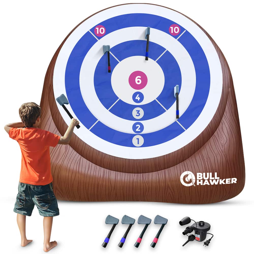 Swooc Games - Bull Hawker | Giant Axe Darts (Over 6ft Tall) w/ 15+ Games | Axe Throwing Game for Backyard w/ Air Pump | Carnival Game - Brown