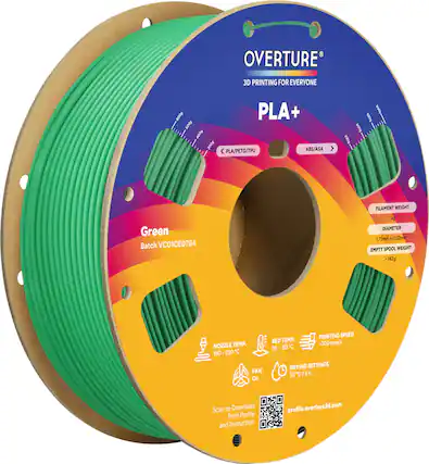 OVERTURE
3D PRINTING FOR EVERYONE
PLA+
Green
Batch VC01CE0784
FILAMENT WEIGHT
1kg
DIAMETER
1.75mm ± 0.02mm
EMPTY SPOOL WEIGHT
-142g
NOZZLE TEMP.
190 - 230°C
BED TEMP.
35 - 60°C
PRINTING SPEED
<300 mm/s
FAN
On
DRYING SETTINGS
55°C / 6h
Scan to Download Print Profile and Instruction
profile.overture3d.com