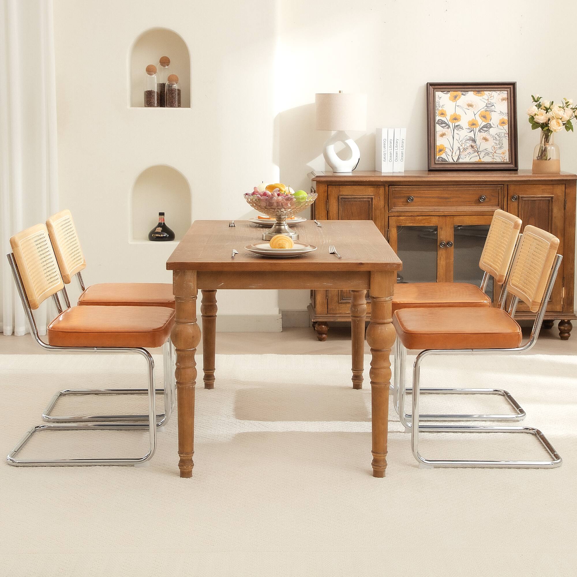 Alt View 7. KERDOM - 2 Pcs Natural Rattan Dining Chairs, PU Leather Seat Cane Back Corner Chair, Cantilever Garden Patio Chair, Cesca Style - Brown.