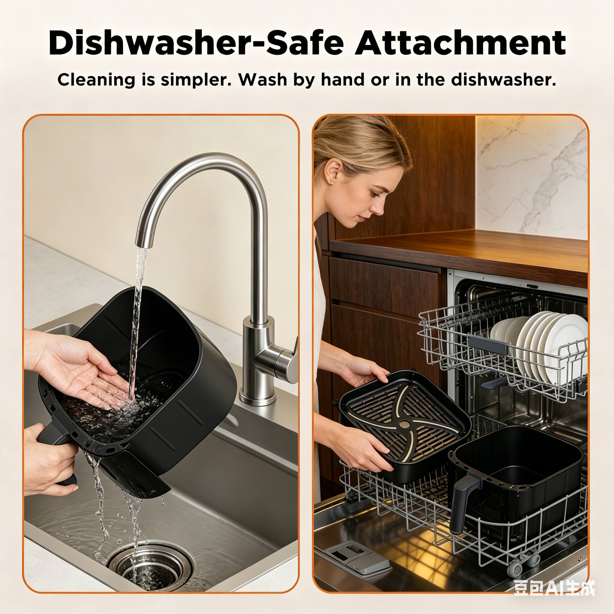 Dishwasher-Safe Attachment  
Cleaning is simpler. Wash by hand or in the dishwasher.