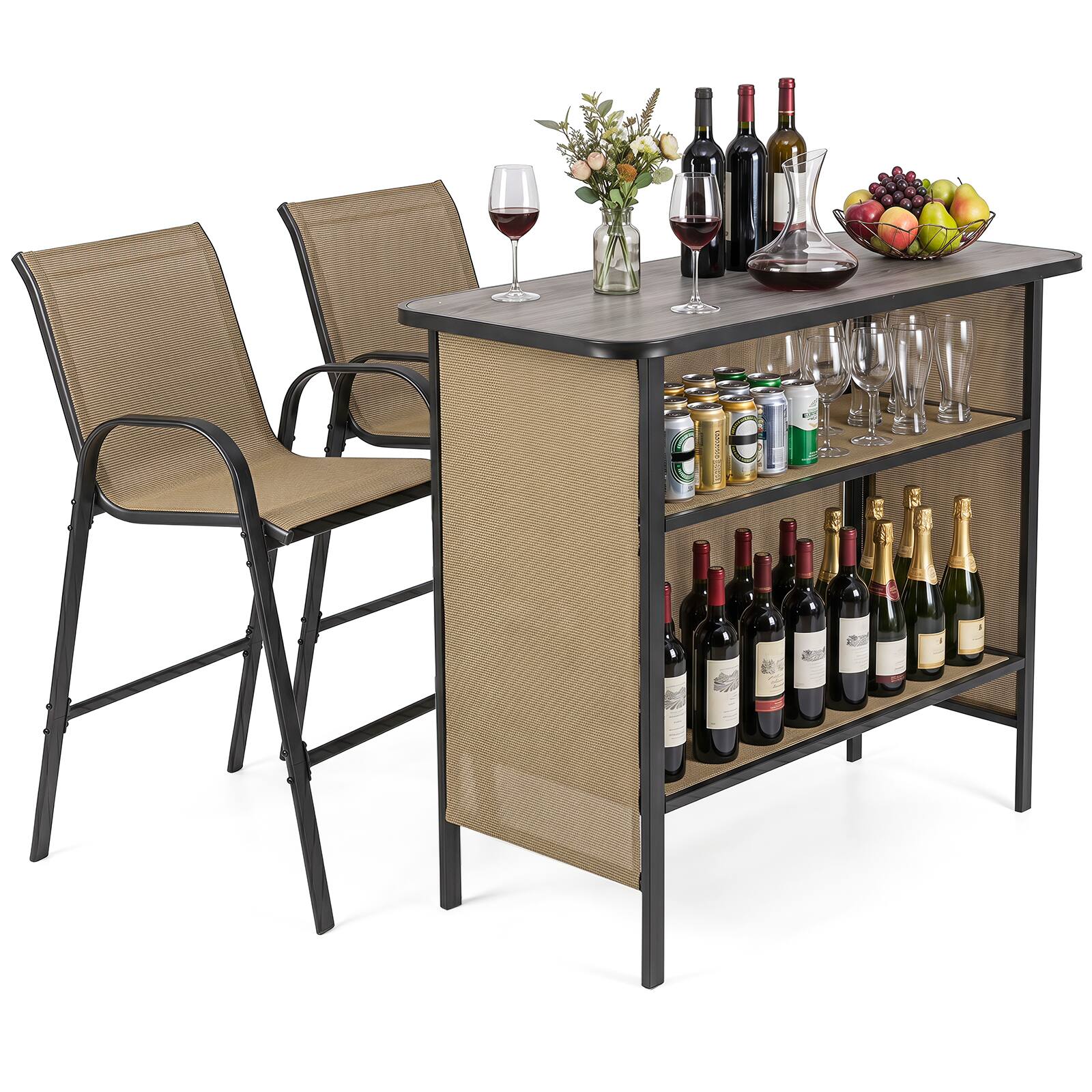 Alt View 1. Costway - Costway 3 PCS Outdoor Bar Set Bar Height Table & Armchairs with Footrest 2-Tier Shelf - Brown.