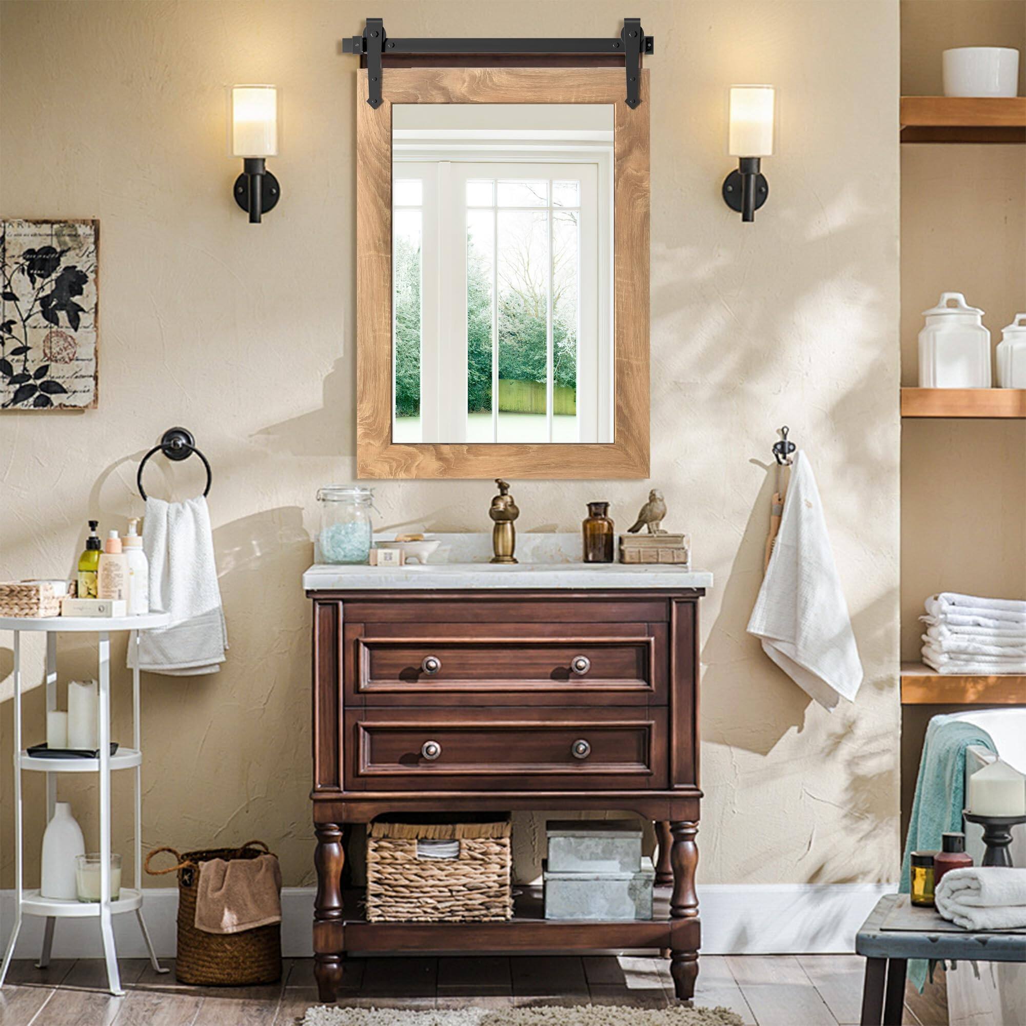 Alt View 3. TECH SAFARI - Farmhouse Barn Door Mirror Rustic Decorative Vanity Mirrors Wall Decor For Bathroom Living Room Entryway - White 24"L x 18"W.