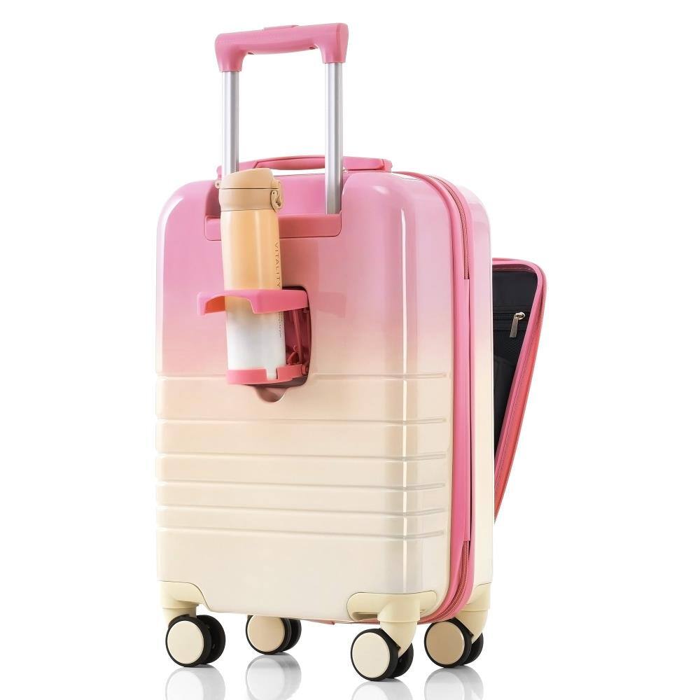 Angle. BreeBe - 3-Piece Luggage Set with USB Port, Front Opening Design, Airline Approved Carry-On, ABS+PC Hard Shell, Spinner Wheels - Pink.