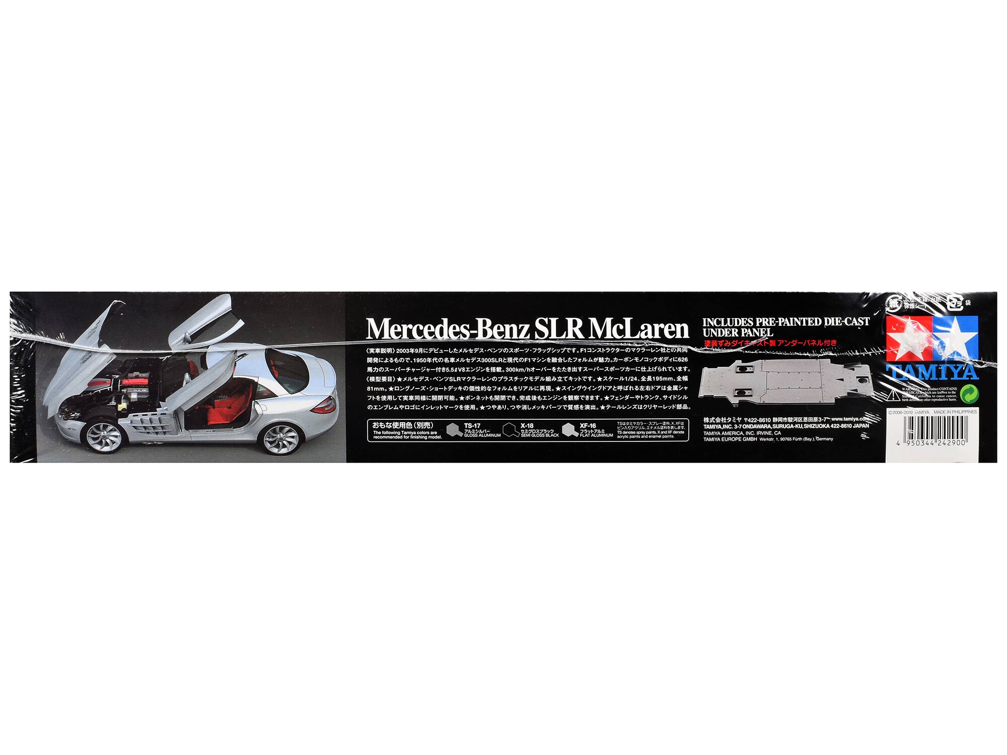 INCLUDES PRE-PAINTED DIE-CAST Mercedes-Benz SLR McLaren UNDER PANEL  
81mm.  
TAMIYA  
This shrwing famiya COMMENTE - drishing -  
TS-17 X-18  
XF-18  
T422-8610 KAMIKA.COM a CHIKOKA 422-0010 JAPAN ULURA AMERICA EVD. GA FAMIYA EUROPE HIRAD - rum -  
50344 242900