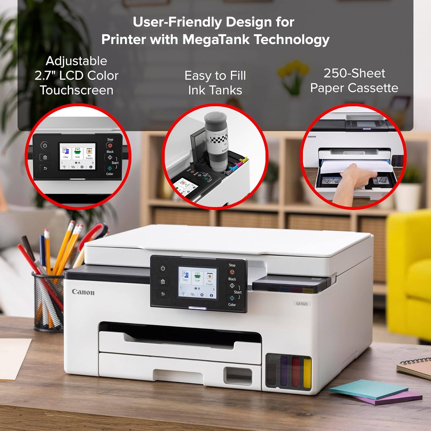 User-Friendly Design for Printer with MegaTank Technology Adjustable 2.7" LCD Color Easy to Fill Ink Tanks 250-Sheet Paper Cassette