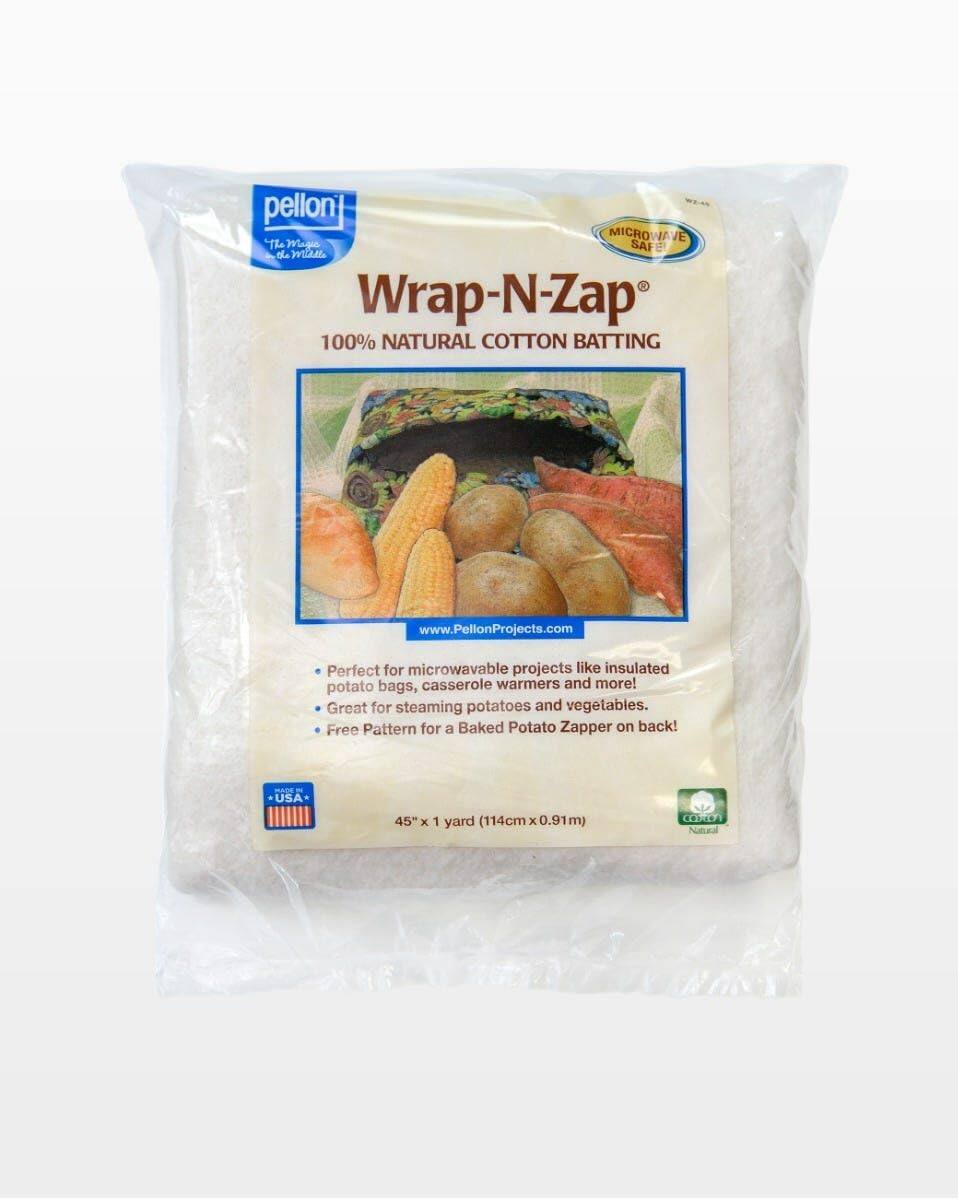 pellon MICROWAVE SAFE - de midel. Wrap-N-Zap 100% NATURAL COTTON BATTING www.PellonProjects.com Perfect for microwavable projects like insulated potato bags, casserole warmers and more! Great for steaming potatoes and vegetables. Free Pattern for a Baked Potato Zapper on back! - USA- 45" x 1 yard (114cm x 0.91m) CORE Nutural