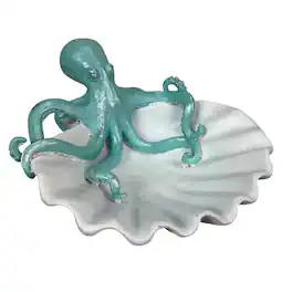 Fancy That - Decorative Octopus Shell Tray Coastal Resin Catchall Dish 10 X 10 X 6 In - White And Blue