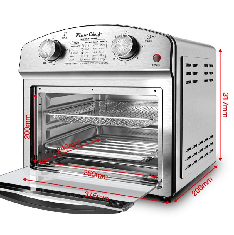 A 230 430 hoo Plum Chef TEME MENU REFERENCE WEIGHT TEMP TIME FOC 501 aMn PRENOHARY are nWAns . Each FOCM - PIZZA 110 4501 pu CHICKEN ... FON 25dru Paar TOA? - Sm 401 nonn PLEASE PREHEAT FOR 10 MINUTES BEFORE USING NC DE 50 - 20 0 MIN TIMER OFF POWER 200mm 240mm 317mm 250mm 315mm 296mm