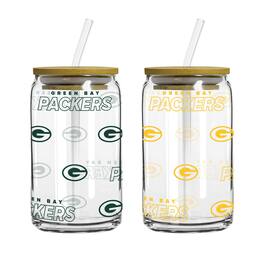 Logo Brands - Green Bay Packers 16oz. Step And Repeat Glass Can with Lid & Straw 2-Pack - Multicolor