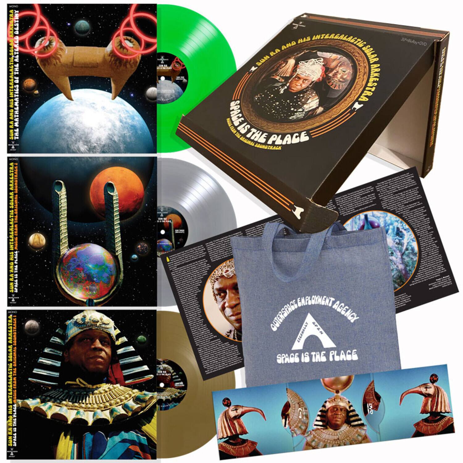 Sure, here is the corrected and grouped text from the image:

---

**Front Cover:**
- "SPACE IS THE PLACE"
- "ARKESTRA"
- "3LP + Blu-ray + DVD"

**Spine:**
- "ARKESTRA"
- "SPACE IS THE PLACE"

**Back Cover:**
- "ARKESTRA"
- "SPACE IS THE PLACE"
- "3LP + Blu-ray + DVD"

**Tote Bag:**
- "OUTERSPACE EMPLOYMENT AGENCY"
- "SPACE IS THE PLACE"

**Vinyl Sleeve:**
- "ARKESTRA"
- "SPACE IS THE PLACE"

**Booklet:**
- "ARKESTRA"
- "SPACE IS THE PLACE"

**Disc Labels:**
- "ARKESTRA"
- "SPACE IS THE PLACE"

**Additional Text:**
- "THE ARKESTRA AND INTERGALACTIC MUSIC"
- "THE ARKESTRA AND INTERGALACTIC MUSIC"
- "THE ARKESTRA AND INTERGALACTIC MUSIC"
- "THE ARKESTRA AND INTERGALACTIC MUSIC"
- "THE ARKESTRA AND INTERGALACTIC MUSIC"
- "THE