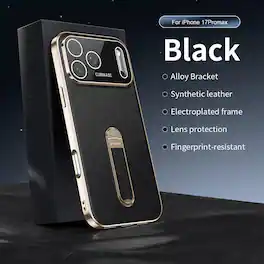 Dteck - Faux Leather Texture for Apple iPhone 17 Pro Max with Alloy Kickstand, Fingerprint Resistant Shockproof Protective Cover - Black