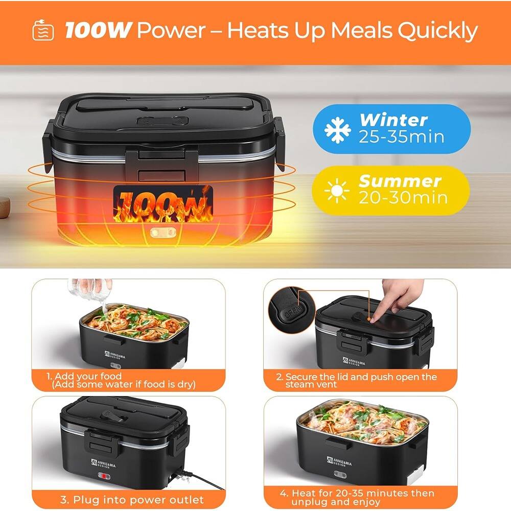 100W Power – Heats Up Meals Quickly

Winter 25-35min  
Summer 20-30min

1. Add your food (Add some water if food is dry)  
2. Secure the lid and push open the steam vent  
3. Plug into power outlet  
4. Heat for 20-35 minutes then unplug and enjoy