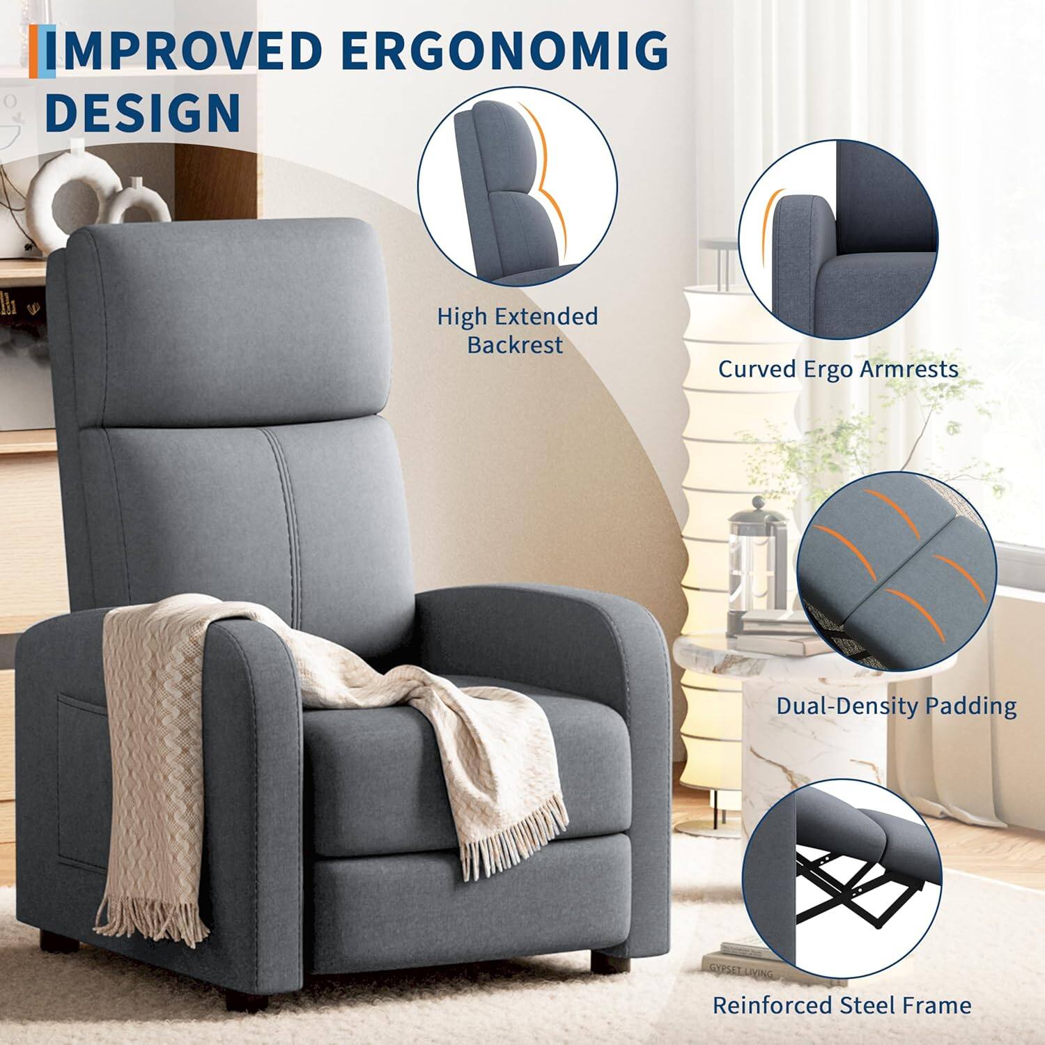 IMPROVED ERGONOMIC DESIGN

- High Extended Backrest
- Curved Ergo Armrests
- Dual-Density Padding
- Reinforced Steel Frame