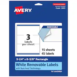 Avery - Removable Rectangle Labels, 3-1/4" x 8-3/8", 45ct - White