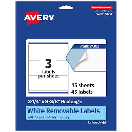 Go to avery.com/templates
AVERY
Use Avery Template Presta® 94251
3 labels per sheet
15 sheets
45 labels
3-1/4" x 8-3/8" Rectangle
White Removable Labels with Sure Feed® Technology
for Laser/Inkjet
