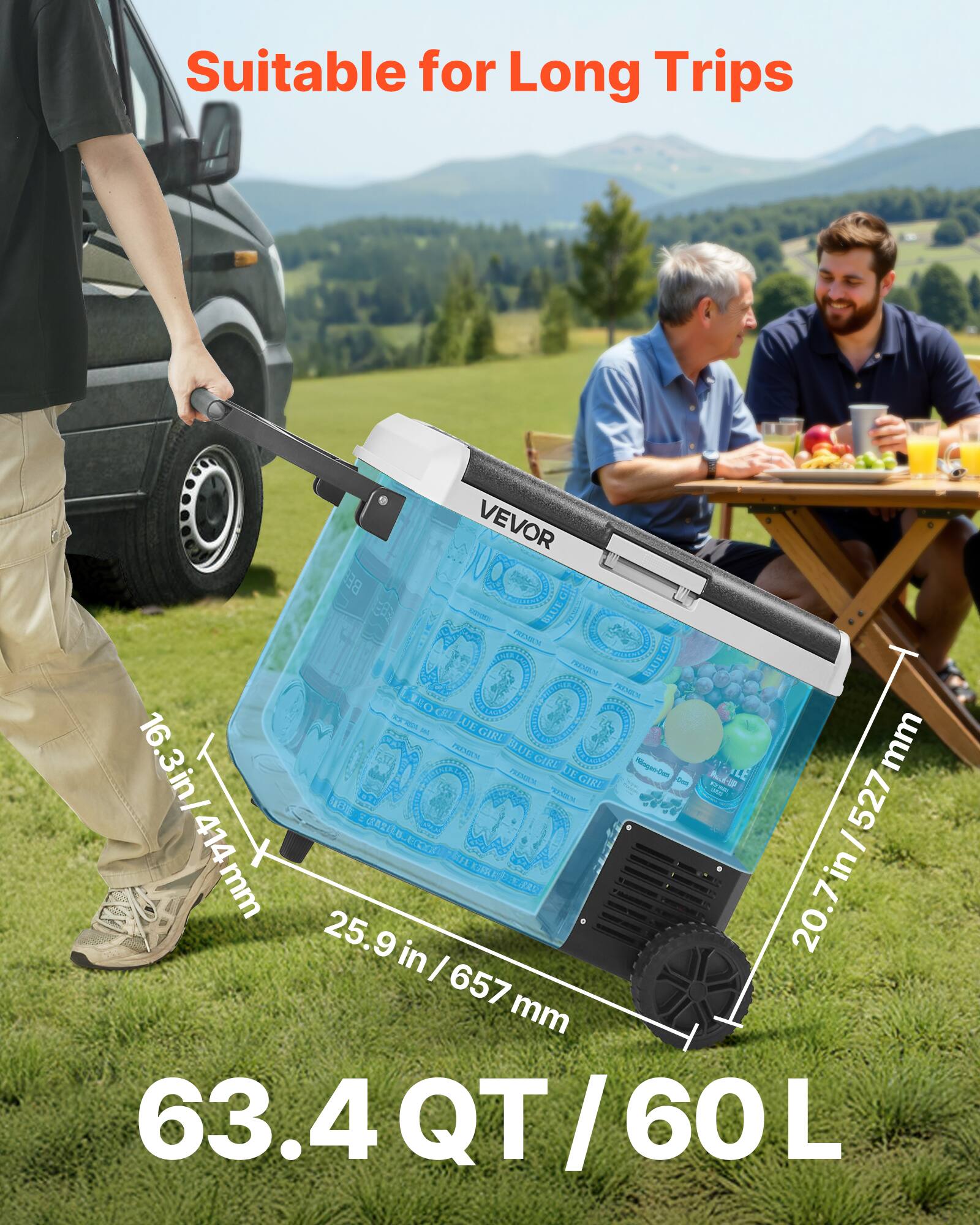 Suitable for Long Trips VEVOR 16.3in/ 414 mm 25.9 in / 657 mm 20.7 in / 527 mm 63.4 QT / 60 L