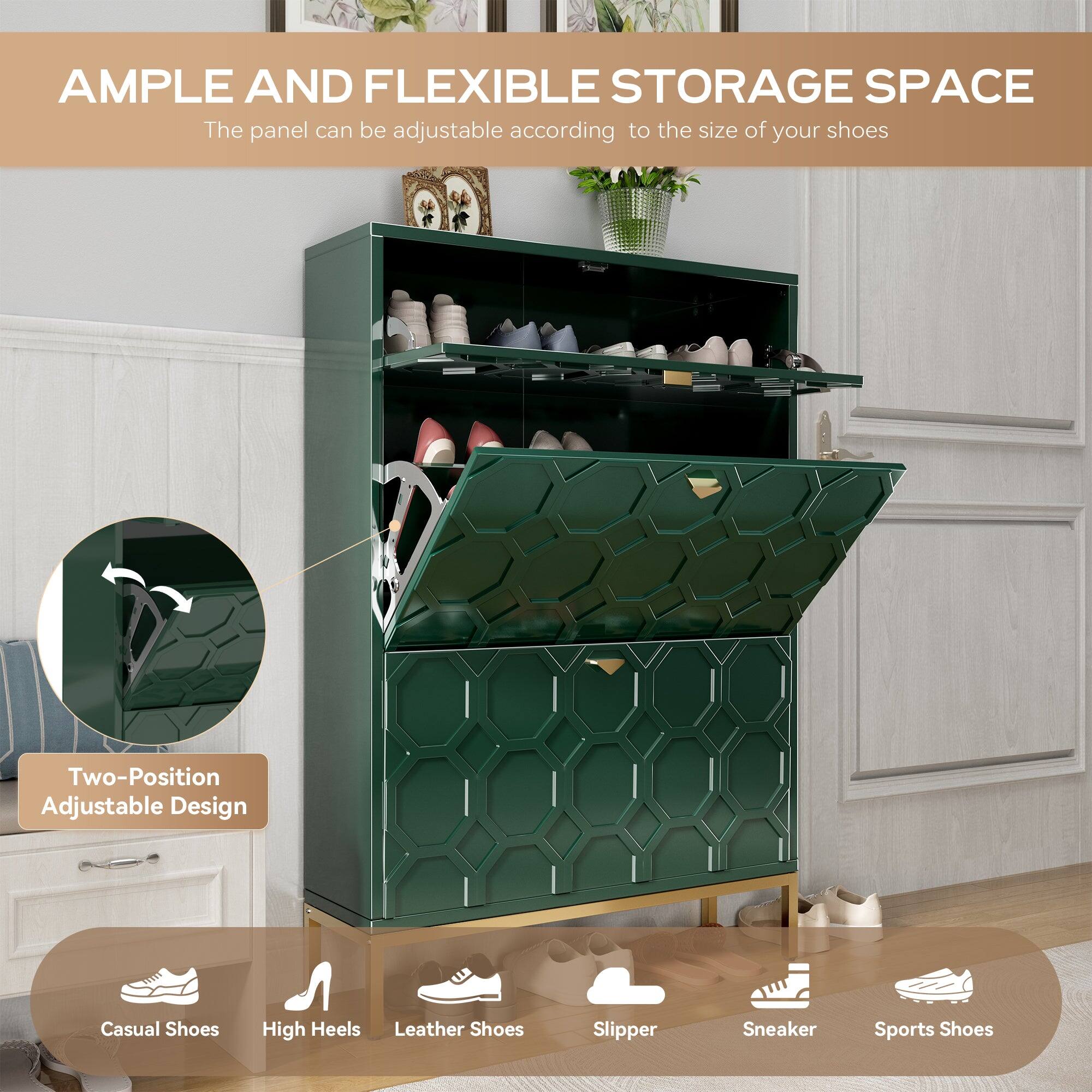 AMPLE AND FLEXIBLE STORAGE SPACE  
The panel can be adjustable according to the size of your shoes  

Two-Position Adjustable Design  

Casual Shoes  
High Heels  
Leather Shoes  
Slipper  
Sneaker  
Sports Shoes