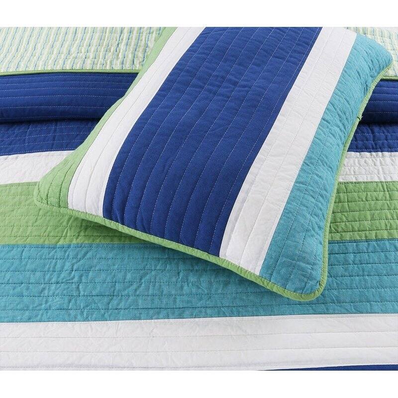 Angle. Hivvago - Twin Size Navy Blue/Green/Teal/White Stripe 100-Percent Cotton Quilt Set - Navy Blue/Green/Teal/White.