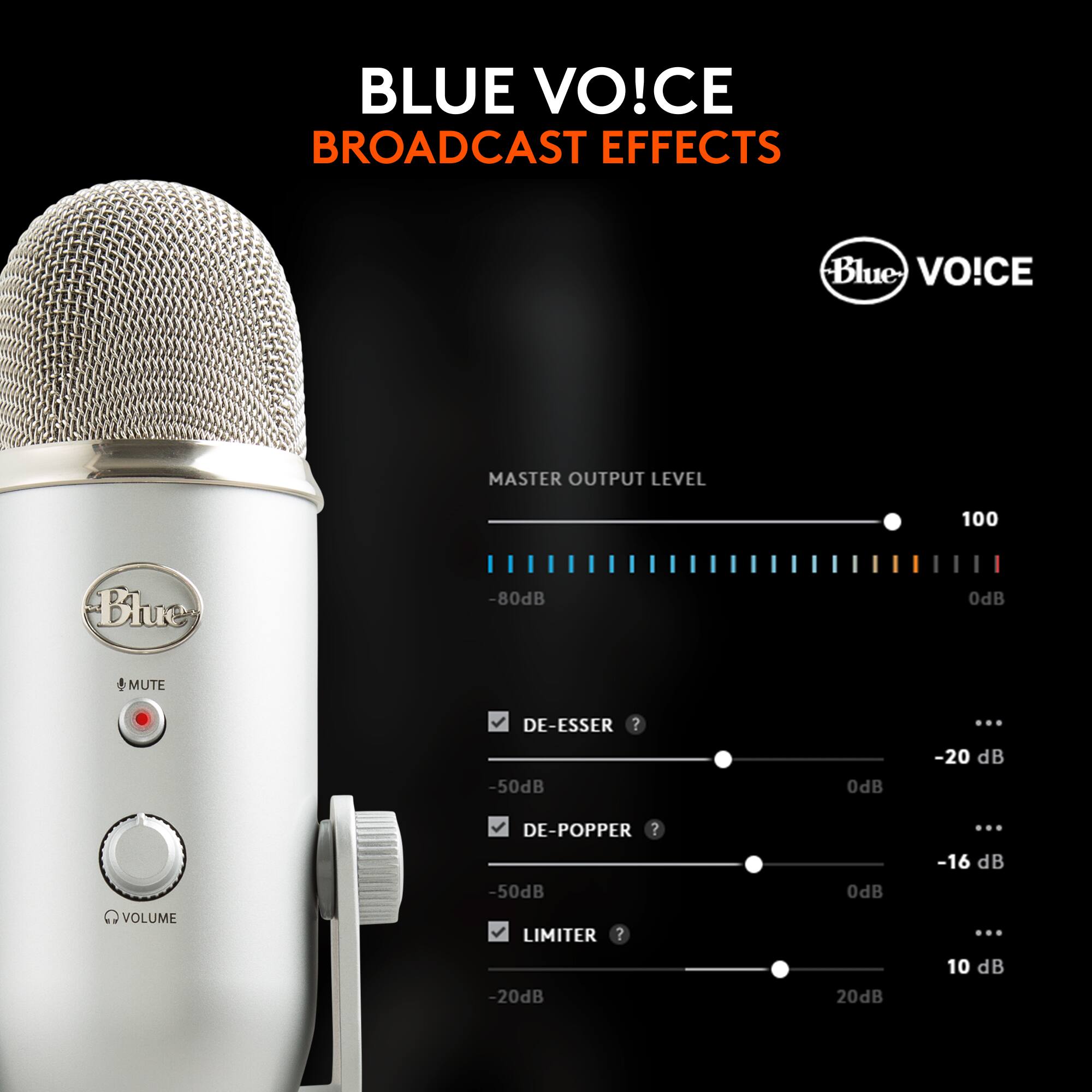 Blue Voice Broadcast Effects:

* Master Output Level: 100
* Blue -80dB odB Mute
* De-Essser: -50dB odB
* Volume: -20 dB
* De-Popper: -50dB
* Limiter: -16 dB
* -20dB
* -10 dB
* -20dB
* 0 dB
* 10 dB
* 20 dB