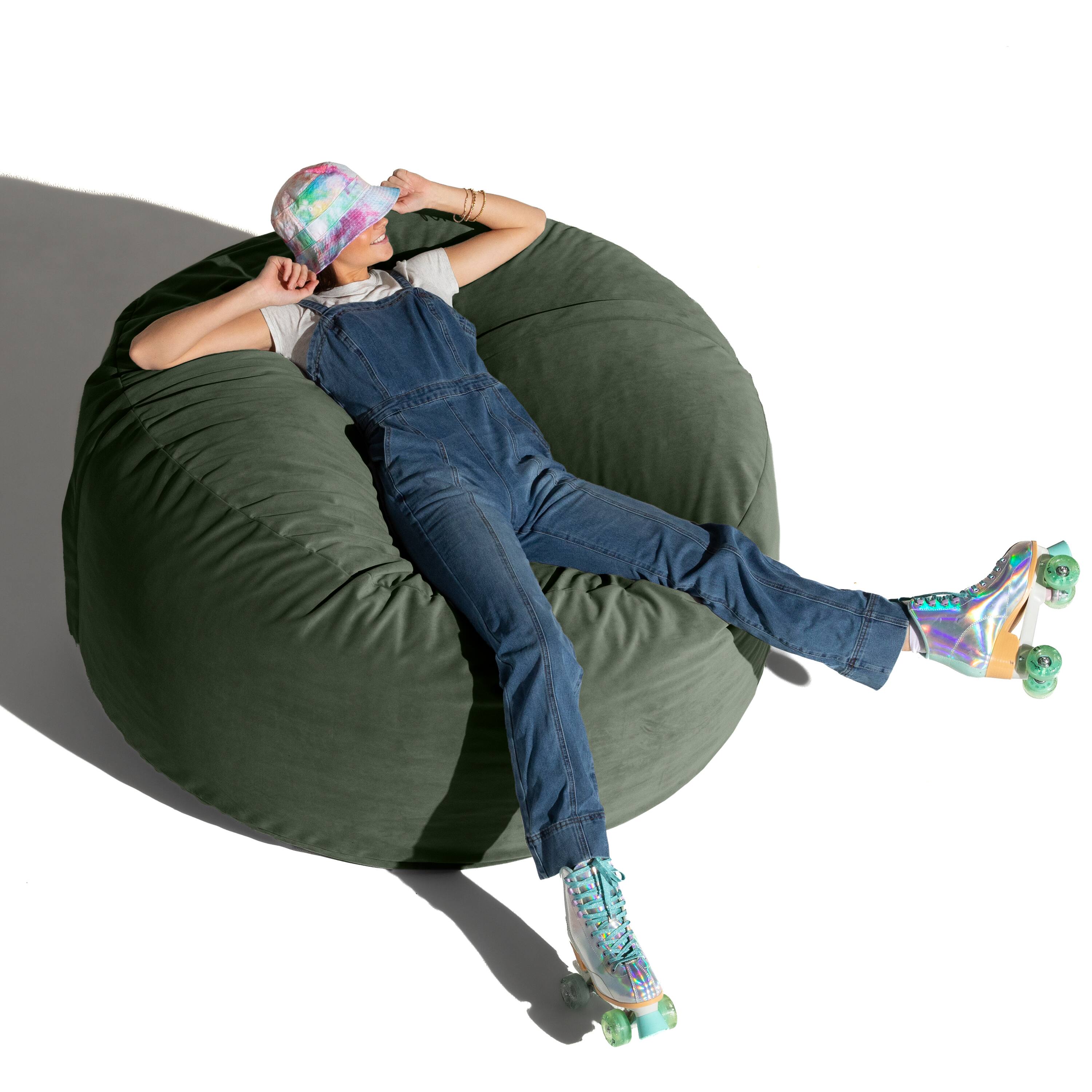 Left. Jaxx - Jaxx 5 Foot Saxx - Large Round Bean Bag Chair for Adults - Lush Velvet Green - Lush Velvet Green.