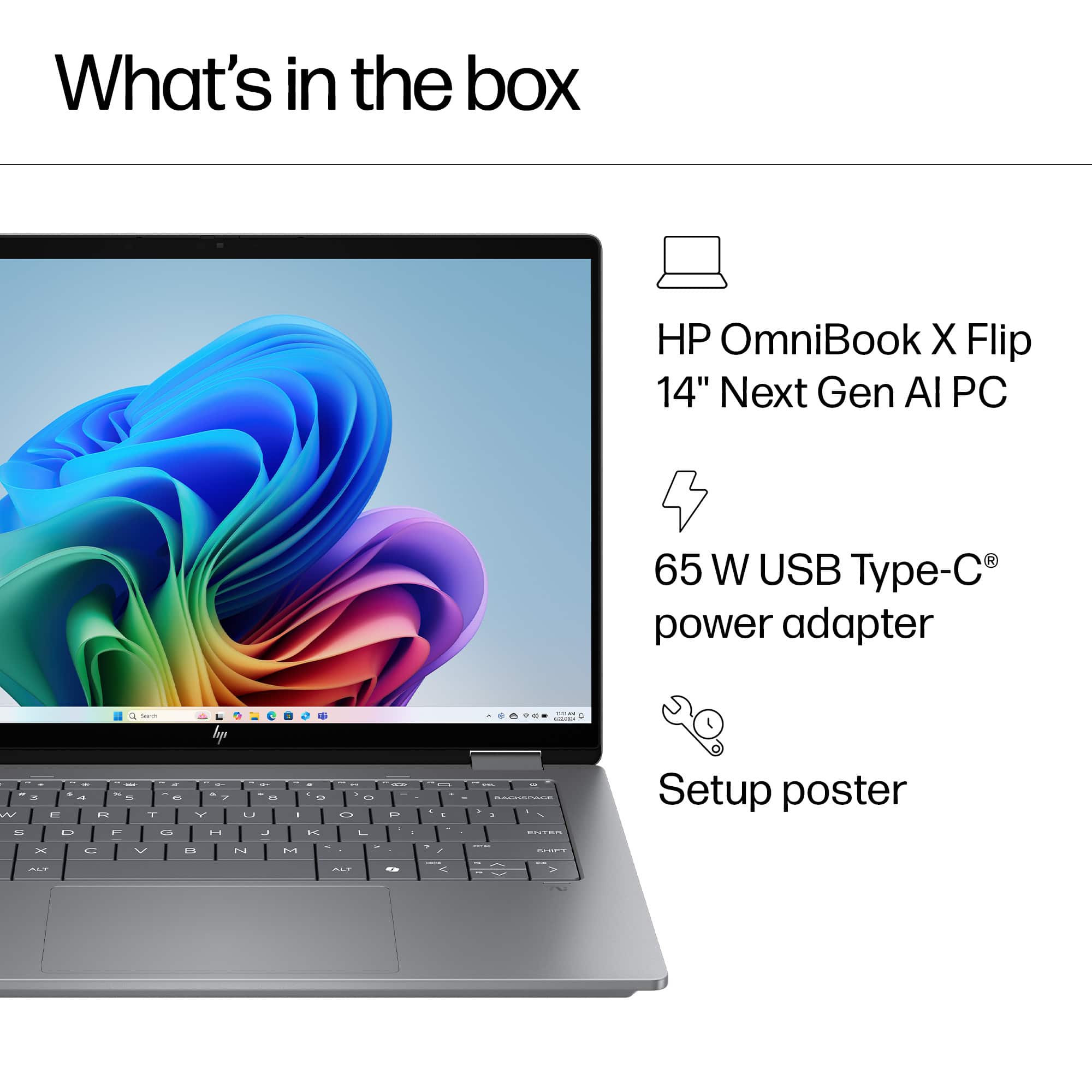 What's in the box: HP OmniBook X Flip 14" Next Gen AI PC 65 W USB Type-C power adapter - Setup poster
