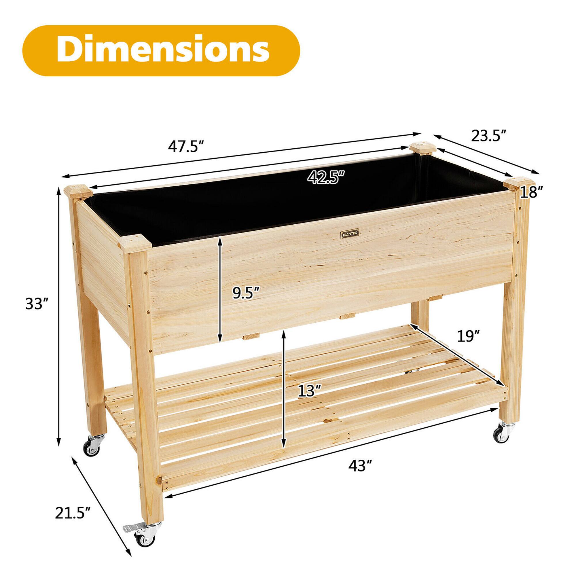 Dimensions:  
- Length: 47.5"  
- Width: 23.5"  
- Height: 42.5"  
- Depth: 18"  
- Shelf Height: 33"  
- Shelf Width: 19"  
- Shelf Depth: 13"  
- Overall Width: 43"  
- Overall Depth: 21.5"