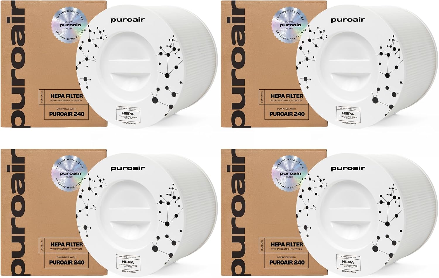PuroAir - 240 HEPA Filter 4-Pack with CarbonTech 3-Layer Defense – Filters 99.9% Pollen, Dust, Dander, Smoke & Odors - White